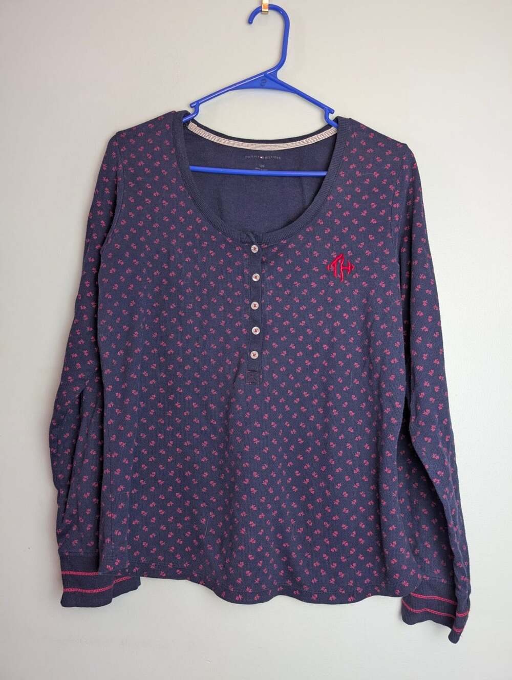 Tommy Hilfiger Womens Pajama Top Long Sleeve Size L Blue Floral Ditzy Henley